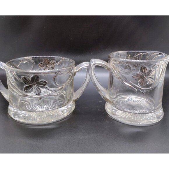 Indiana Glass Co EAPG Antique Open Creamer Sugar Set Clear Silver Floral - Picture 5 of 8